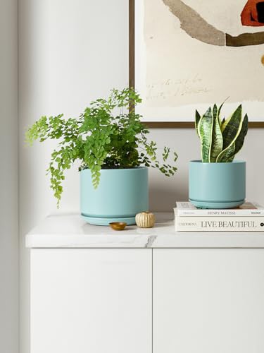 LE TAUCI Ceramic Plant Pots, 4.3+5.3+6.8 inch, Set of 3, Planters with Drainage Hole and Saucer, Indoor Flower Pot with Hole Mesh Pad, Gifts for Mom, Aqua - color: Aqua