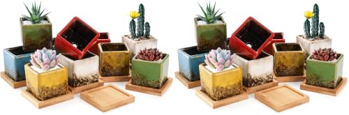 TOPZEA Set of 10 Succulent Planter Pots, 2 Inch Square Ceramic Glazed Cactus Plant Pot Tiny Flower Container with Drainage Hole & Bamboo Tray for Desk, Windowsill, Home Decor, Coffee Bar (Pack of 2) - size: 2"(D) * 1.9"(H) (Pack of 2)