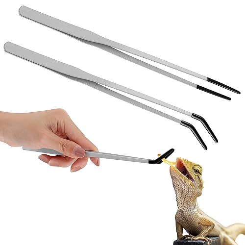 Lasnten 2 Pcs Reptile Feeding Tongs, 10 Inch &10.5 Inch, Long, Silver | Stainless Steel, Feeder Tongs/ Tweezers with Rubber Tip, Straight and Curved, Terrarium Feeder Tool, Tank, Snakes, Lizard - color: Silver, size: 10 Inch, 10.5 Inch