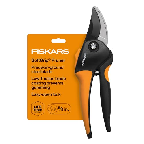 Fiskars SoftGrip Bypass Pruning Shears, 5/8" Cut Capacity Garden Clippers | Low-Friction Rust-Resistant Coated Sharp Steel Blade, Ergonomic Handle Pruners with Safety Lock, Gardening Hand Tools - size: SoftGrip