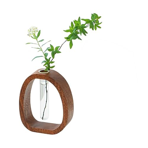 Walnut Wood Glass Flower Vase with Test Tubes | Modern Hydroponic Planter for Fresh Cut Flowers | Handcrafted Tabletop Decor for Home, Office, Farmhouse Style (Small) - size: Small
