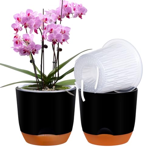 QCQHDU 2 Pack 7.2 Inch Orchid Pots with Holes for Repotting, Double-Layer and Self Watering Orchid Pot with Good Air Circulation - color: Black & Brown, size: 2packs 7.2IN
