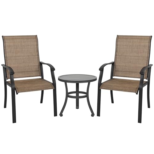NUU GARDEN Outdoor 3-Piece Bistro Set, Textilene Dining Chairs, 20’’ Iron Round Bistro Table, Powder-Coated Iron Frame for Patio, Deck, Yard, Porch, Black and Brown