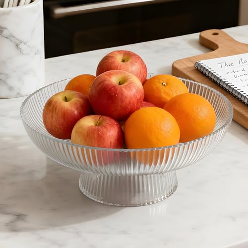 Large Glass Fruit Bowl for Kitchen Counter Decorative Centerpiece Bowl for Table Home Déco, Clear Ribbed - color: Clear, style: ‌Ribbed