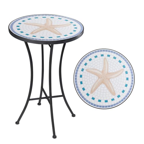 Vipush Mosaic Outdoor Side Table,14" Patio Accent Table Round Coffee Table | Small End Table With Ceramic Mosaic Tile Top, Waterproof & Rust-Resistant Metal Frame For Garden, Backyard, Balcony - color: Starfish