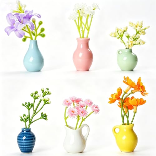 6 Pcs Mini Ceramic Vase Magnets for Fridge, Cute Tiny Magnet Vases for Flowers Plant, Mini 3D Plant Vase Fridge Magnets Decoration for Refrigerator, Kitchen Locker & Kitchen Office (with Flower)