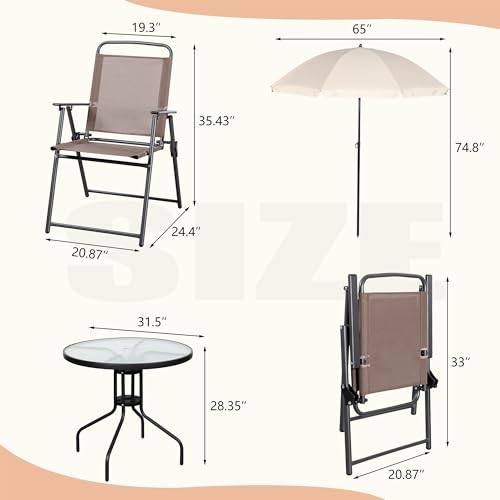 Vongrasig 6 Pieces Folding Patio Dining Set, All Weather Small Metal Outdoor Table and Chairs Set, Patio Furniture Set w/Umbrella, Glass Table & 4 Folding Chairs for Garden, Lawn, Backyard, Brown - color: Brown