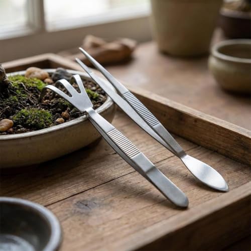 2pcs Stainless Steel Bonsai Tweezers and Rake Tools for Gardening Planting Moss Sculpting with Non-Slip Handles Portable Bonsai Supplies