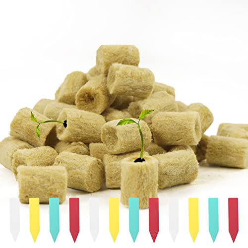 YBB 50 Pcs Round Rockwool Starter Plugs, 0.7 x 1 Inch Rockwool Grow Plugs Hydroponics Grow Media Seed Starter Kit Indoor with 60 Pcs Labels