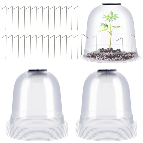 Zopeal 20 Pcs Large Garden Cloche Humidity Plant Dome 10.24" Dia x 8.27" H Reusable Thick Garden Plant Protector Covers Clear Plastic Dome Mini Greenhouses with 80 Securing Pegs for Outdoor Seed - size: 10.24'' X 8.27"