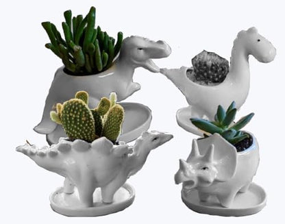 Cute Animal Shaped Planter Flower Pot Frog Shape Small Succulent pots with Drainage Ceramic Animal Planter (Dinosaur 4pcs) - color: Dinosaur 4pcs