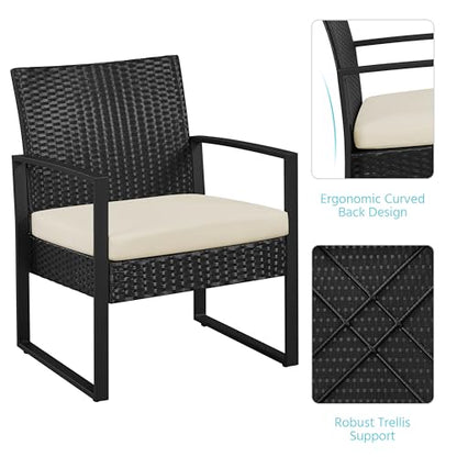 Yaheetech 3 Pieces Rattan Bistro Set, Outdoor Wicker Patio Modern Conversation Furniture, 2 Chairs & Tempered Glass Coffee Table for Garden, Balcony, Backyard, Poolside, Black/Beige - color: Black/Beige