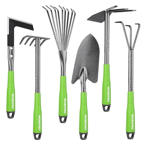 WORKPRO 6-Piece Garden Tool Set | Heavy Duty Gardening Hand Tools with Soft Rubber Handle, Including Trowel, Rakes, 2-in-1 Hoe and Crack Weeder - color: Green