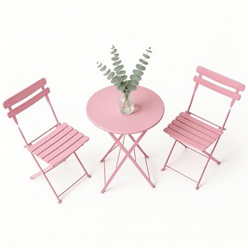 GarveeHome 3 Piece Foldable Patio Bistro Set, Outdoor/Indoor Metal Table and Chairs Furniture, Compact Round Table with 2 Folding Chairs for Balcony, Porch, Deck, Garden, Apartment, Small Space, Pink - color: Pink, size: 3-Piece (Round Table)