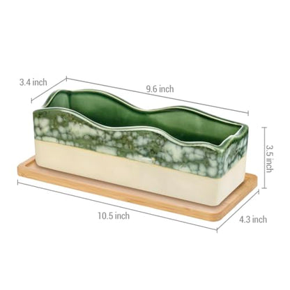 MyGift Beige Green Ceramic Glazed Rectangular Succulent Planter Pot - size: 10 Inch