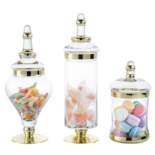 MyGift Set of 3 Clear Glass Apothecary Jars With Brass Tone Lids | Metallic Brass Detail, Removable Lids, Vanity Storage, Wedding Table Accent, Kitchen Container Set, Decorative Display - color: Gold