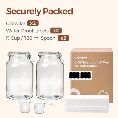 ComSaf Large Glass Jars with Airtight Lids 1.1 Gallon 2 Pack Wide Mouth | BPA-free food-grade glass, wire clamp seal, wide mouth, 138 oz, bulk flour & sugar, rice, kimchi prep, large mason jar - size: 138oz*2