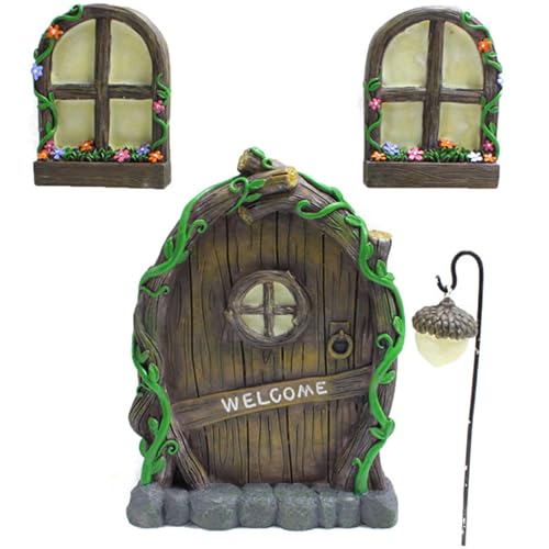 Fairy Door and Windows,Glow in the Dark Fairy Garden Miniature Accessories for Tree Stump Decor Resin Fairies House Kit with Fairy Lantern for Outdoor Yard Lawn Gnome Garden Decor - color: Style 1