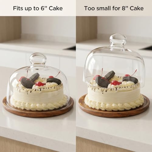QWORK Glass Dome Cloche with Acacia Wood Tray – 7" Cover for Cakes, Cheese & Table Display