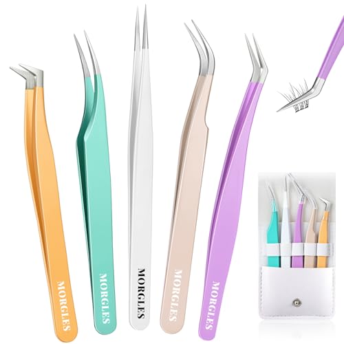 MORGLES Lash Tweezers for Eyelash Extensions, 5 Pcs Eyelash Tweezers | Straight & Curved Lash Kit with Leather Case, Precision Grip for Extensions, Beginner-Friendly for Women - color: White