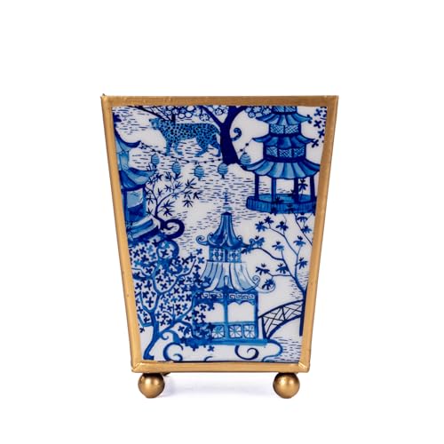 Decorative Planters, Blue White Enamel Square Cachepot, 6In - color: Blue Chinoiserie, size: 6" x 6"