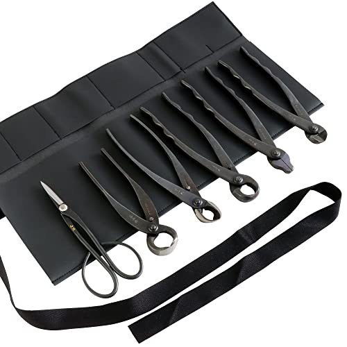 Wazakura Made in Japan 6PCS Bonsai Professional Tool Kit with Roll Bag: Japanese Yasugi Steel Satsuki Bonsai Scissors, Concave Branch Cutter, Knob Cutter, Jin Plier, Wire Cutter, Root Cutter - style: 6PCS Professional Tool Set (Satsuki Steel Twig Scissors