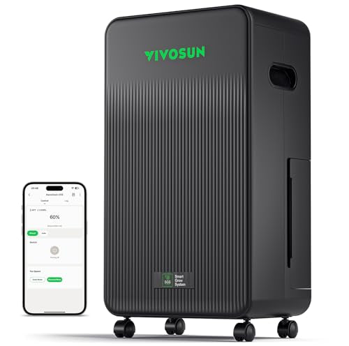 VIVOSUN AeroDrain D12 Smart Dehumidifier Up to 12L/day for Grow Tents | Temperature & Humidity Monitoring, Smart App Control, Sensor Probe, Grow System Compatible, Auto Restart