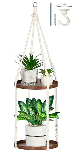 2 Tier Macrame Plant Hanger, Hanging Plant Shelf (12") | Plant Hanger Indoor, Hanging Planter, Hanging Planter Shelf, Plant Hangers - color: Beige, size: 1-Pack, 2-Tier
