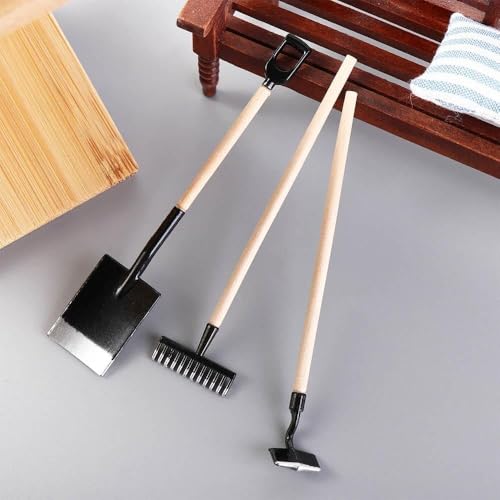3 Pcs Red Miniature Garden Tools 1:12 Mini Shovels and Rake Farm Tools Fairy Garden Dollhouse Accessories Furniture Toy Sets