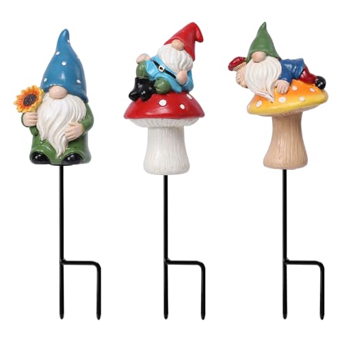 Gnome Garden Stakes Resin Figurine Mini Decor for Flower Pot Yard Blue | Whimsical Hand-Painted Resin Gnome Plant Stakes, Weatherproof Mini Figurines With Metal Stake For Fairy Garden Yard Decor - color: Blue