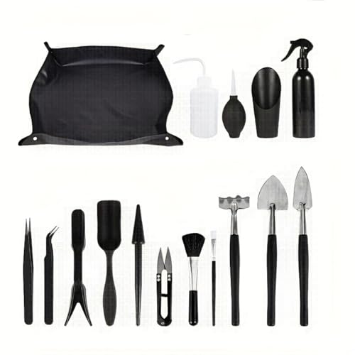 16pcs Succulent Gardening Tool Set - Durable Black Plastic & Metal, Includes Carrying Bag, Watering Bottle, Transplanting & Mini Planting Tools, Ideal for Indoor Plant Care