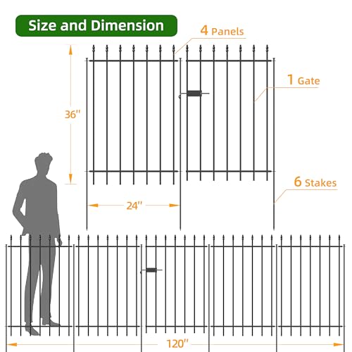 Decorative Metal Garden Fence with Gate 36" x 10', Dog Fence Outdoor | 1 Gate + 4 panels, Wrought Iron Fencing with Stakes for Yard & Backyard, No-Dig Fence with Roman Column Decor, Black - size: 36″H x 10ft (1Gate+4Panels)