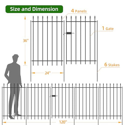 Decorative Metal Garden Fence with Gate 36" x 10', Dog Fence Outdoor | 1 Gate + 4 panels, Wrought Iron Fencing with Stakes for Yard & Backyard, No-Dig Fence with Roman Column Decor, Black - size: 36″H x 10ft (1Gate+4Panels)