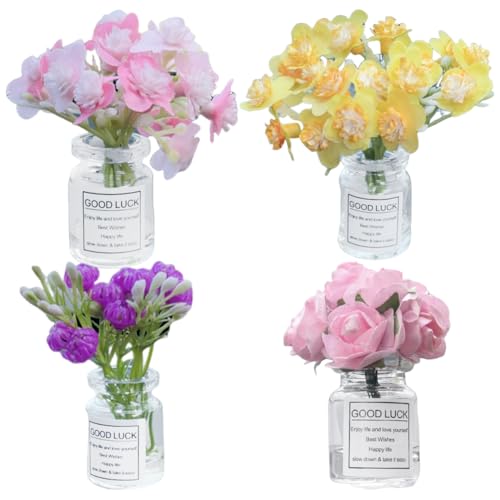 JOONOR Set of 4 Cute Mini Jasmine Rose Flower Vase Car Dashboard Decorations Self-Adhesive Mini Vase with Artificial Flowers Ornaments Car Interior Accessories, Jasmine+Cherry Blossom+Rose - color: Jasmine+cherry Blossom+rose
