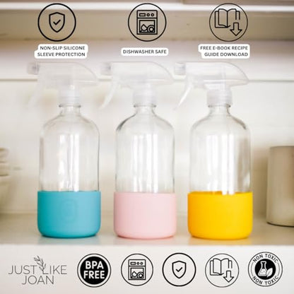 Clear Glass Spray Bottle with Silicone Sleeve for Cleaning Solutions, Essential Oils, Plants, Vinegar - 16 oz, Refillable, Food Safe (2-PACK: Steel Gray & Sage Green) - color: Steel Gray & Sage Green