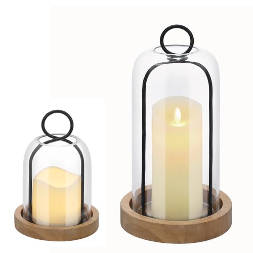 Set of 2 Versatile Black Metal Candle Holder with Handmade Sturdy Glass Dome And Natural Wooden Base for Pillar Candle & Plants, Industrial, Farmhouse, Shabby Chic, Decorative Display Cloche Bell Jars - color: Black, size: Set of 2