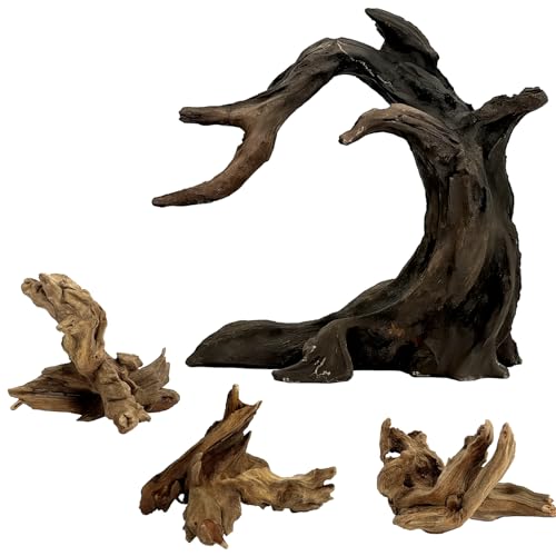 Aquarium Driftwood Decor Set, 1 Anubias Model & 3 Small 2-4" Wood | Natural Resin Aquascaping Accessory for Fish Tank Landscape – Realistic Look, Safe for Fish, Ideal for Small to Medium Tanks