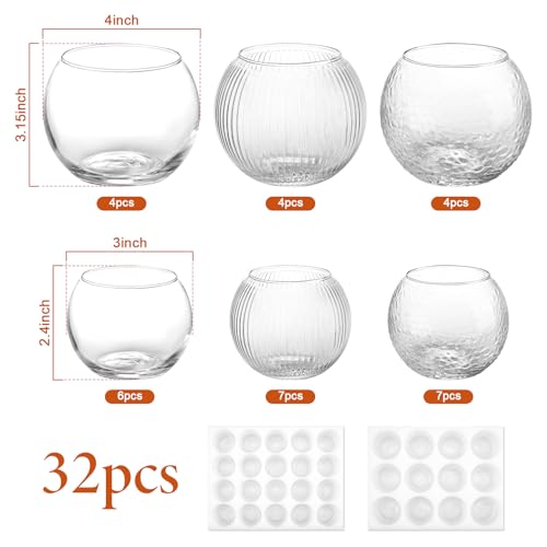 32 Pack Glass Bubble Vases, Small Clear Bud Vases for Table Centerpieces | Round Mini Globe Bubble Bowl, Candle Holders, Wedding Event & Home Decor (3 Textures 2 Sizes)