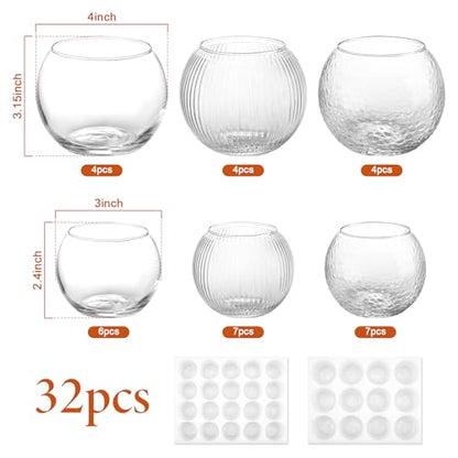 32 Pack Glass Bubble Vases, Small Clear Bud Vases for Table Centerpieces | Round Mini Globe Bubble Bowl, Candle Holders, Wedding Event & Home Decor (3 Textures 2 Sizes)