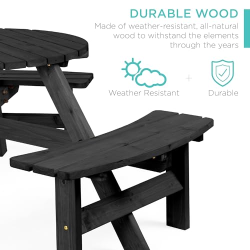 Best Choice Products 6-Person Circular Outdoor Wooden Picnic Table for Patio, Backyard, Garden, DIY w/ 3 Built-in Benches, 500lb Capacity - Black - color: Black