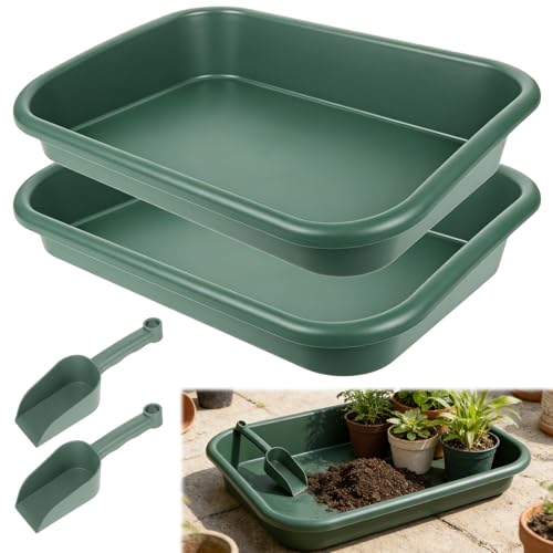 Rainmae 2 Set Garden Tidy Trays with Shovels, Large Potting Tray for Seeding, Mixing Soil and Repotting, One-Piece Gardening Tray for Succulents, Cactus and Indoor Plants, 23 x 13.6 x 4.5 Inch, Green