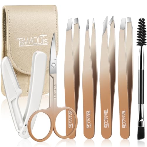 TsMADDTs 7 pcs Tweezers for Women Facial Hair, Precision Tweezer Set for Eyebrows with Curved Scissor and Eyebrow Razor for Ingrown Hair - color: Mocha