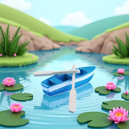 Set of Blue Mini Rowboat Mini Tiny Wooden Boat with Oars for Fairy Garden Kits for DIY Fairy Garden Dollhouse Decoration with Oars Canoe Model,Figurines Dollhouse Accessories Décor