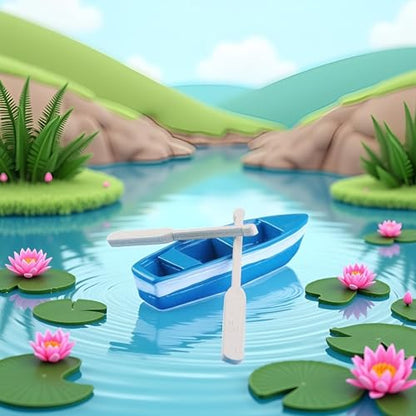 Set of Blue Mini Rowboat Mini Tiny Wooden Boat with Oars for Fairy Garden Kits for DIY Fairy Garden Dollhouse Decoration with Oars Canoe Model,Figurines Dollhouse Accessories Décor