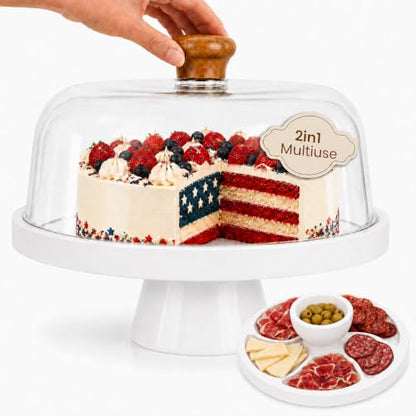 Acacia Wood Cake Stand with Lid Anti-Mold 12 Inch - 2-in-1 Wooden Charcuterie Board - Covered Dessert Plate with Acrylic Dome - Vintage Pastry Display - Tall Domed Serving Stand Platter - size: White – Fixed Base