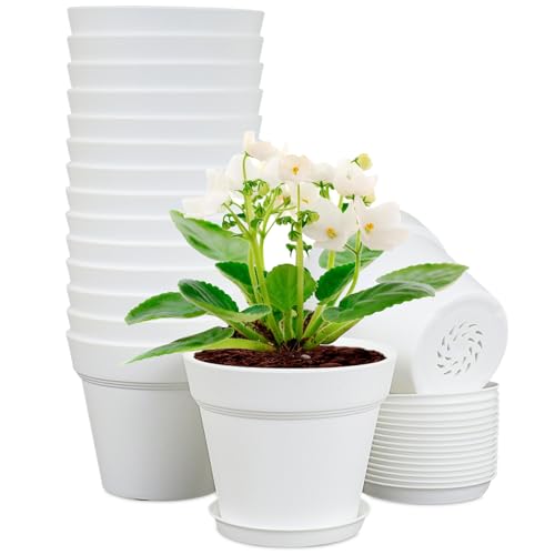 Meowell 4 inch Small Plastic Nursery Pots, 16 Pack Plant Pots for Indoor Outdoor Plants, Flower Pots with Drainage Holes and Saucers, Decorative Seedling Starter Planters for House Plants, White - color: White, size: 4inch 16pcs
