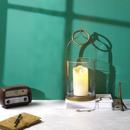 6" Wide Handmade Sturdy Glass Cylinder Jar with Metal Stand in Antique Brass, Display Glass Container for Candles and Plants, Hurricane Lantern, Candle Holder, Industrial, Farmhouse, Outdoor - size: 6"