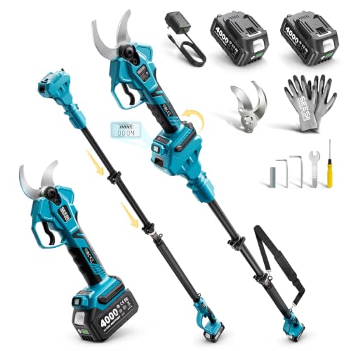 SEESII 2-in-1 Pole Pruning Shears, 1.6" Cutting Diameter Cordless Electric Pole Pruners, Brushless Motor, Dual 4.0Ah Batteries, Extra SK5 Blade, 4 Modes Adjustable Branches Cutter for Tree & Flower - color: Blue