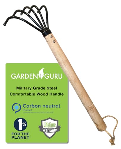 Garden Guru Hand Rake Cultivator Claw Soil Tiller - Military Grade Steel - Rust Resistant - 5 Tine Japanese Ninja Claw - Comfortable Wood Handle - Perfect Pulverized and Aerated Soil - color: Long Handle, size: 1 Pack