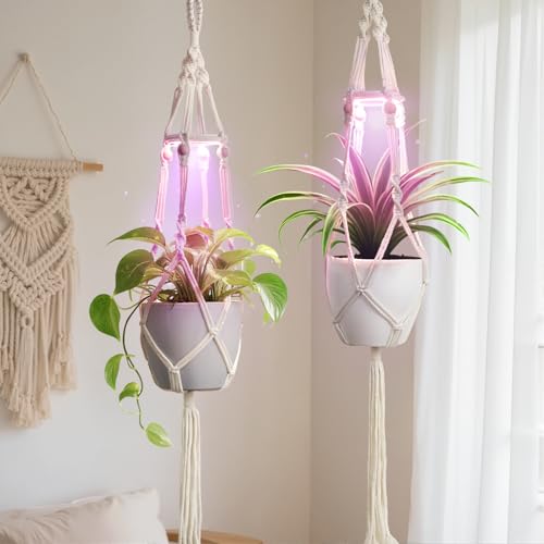 2 Pack Macrame Plant Hanger with Grow Light for Indoor Plants | 10 Brightness, 3 Light Modes, 3/9/12H Timer, Fits 5-9 in Pots, Cotton Rope, Boho Decor, Pots Not Included - color: Plant Hanger Ivory(growpro)